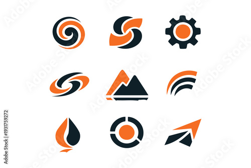 Modern abstract geometric icons with bold orange and black color scheme