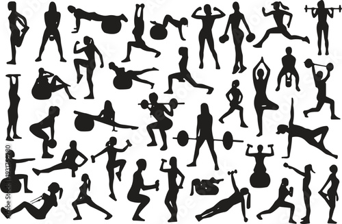 Black silhouette collection of women exercising, featuring yoga poses, weightlifting, cardio, and gym workouts, isolated on white background for design.