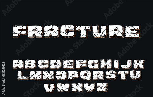 Fracture Cracked Font - White Shattered Alphabet with Brown Outline on Black