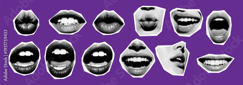Halftone Mouth Expressions Set - Black and White Lips Collection on Purple Background