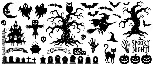 Halloween Silhouettes Set - Spooky Black and White Vector Elements Collection