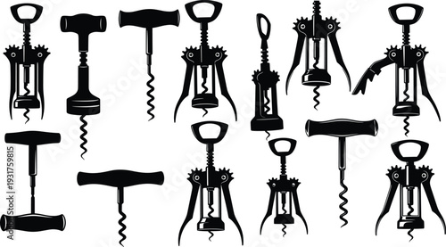 Corkscrew and wine opener silhouettes, bottle opener tools collection, manual cork remover devices, black solid icons set, bar equipment symbols, vector illustration