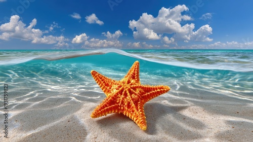 Vibrant Orange Starfish Resting on Sandy Beach with Clear Blue Ocean Waves and Scenic Cloudy Sky in a Tropical Paradise