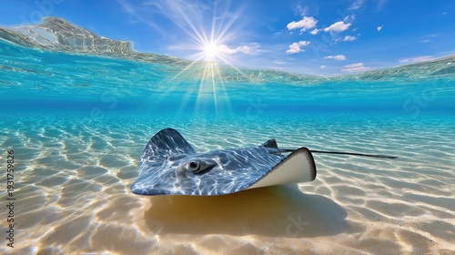 Majestic Stingray Gliding Over Sandy Ocean Floor Under Bright Sunlight and Clear Turquoise Water in Tropical Environment