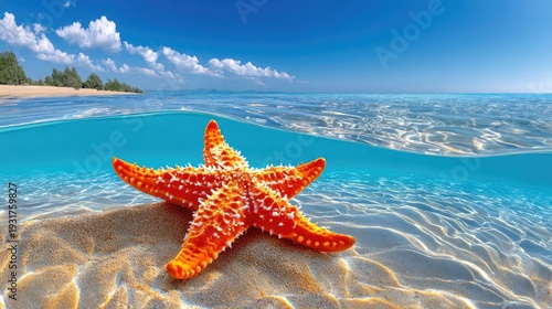 Vibrant Orange Starfish on Sandy Beach with Clear Blue Water Under a Bright Sky and Lush Green Trees in the Background