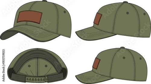 Baseball Cap Mockup with Leather Patch in Multiple Views Front Side Back and Inside for Custom Headwear Branding Vector Template.