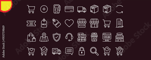 Minimalist white outline e-commerce and online shopping icons set.