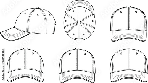 Baseball Cap Outline Template with Front Back Side and Top Views for Custom Headwear Design and Apparel Mockup Vector Collection.