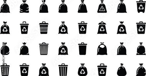 Garbage bag and recycling bin icons, trash can silhouettes collection, waste management symbols set, black solid style, recycle sign graphics, vector illustration