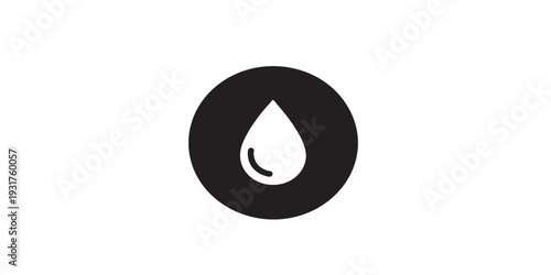 Single black and white micro badge icon, small solid black circle with simple white droplet pictogram, flat vector illustration, minimal design, centered, isolated on white background.