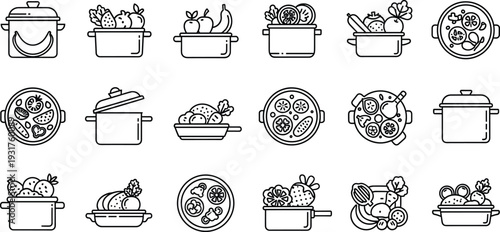 Healthy food cooking icons, vegetable and fruit pots, soup bowls top view, kitchen cookware collection, black and white outline style, line art vector set