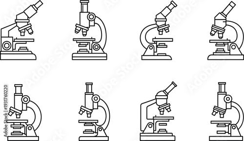 Microscope outline icons set, laboratory scientific equipment collection, medical research and biology tools, black line art style, isolated science vector