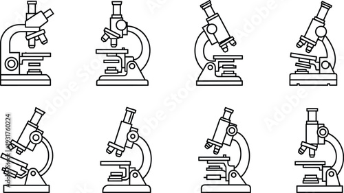 Microscope line icon set, laboratory scientific equipment collection, medical research and biology tools, black outline style, isolated science 