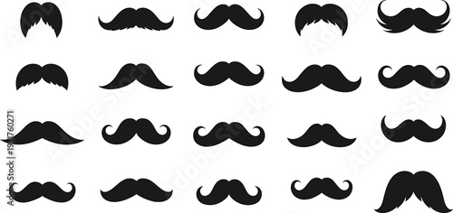 Mustache silhouettes collection, vintage hipster facial hair styles set, black solid moustache shapes, barber shop design elements, isolated male grooming icons, vector