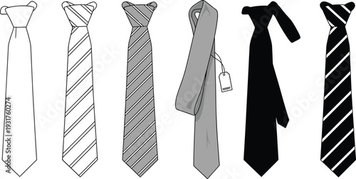 Necktie collection silhouettes and striped designs, men formal accessory set, classic business ties variations, black solid and outline style, isolated fashion icons, vector illustration