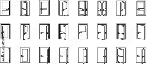 Open and closed door icons set, interior wooden door variations collection, black outline entrance symbols, different opening positions, architectural vector