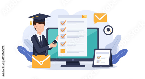 Online Graduate Completing Digital Examination Checklist. E-learning Certification Process, University Application or Distance Education Success Vector.