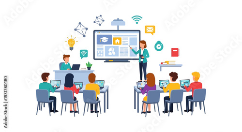 Online Education and E-learning Classroom. Instructor teaching students digital courses using laptops, large screen presentation, and internet connectivity.