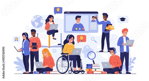 Diverse E-learning Group Studying Online. Digital Education, Accessibility, and Remote University Concept with Students Using Laptops and Video Conference.