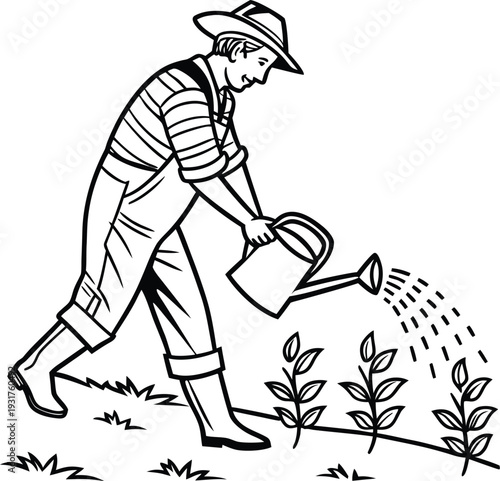 Black and white farmer watering plants vector illustration