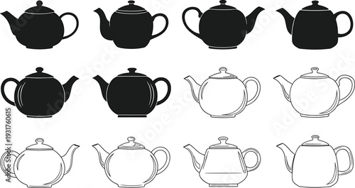 Teapot silhouette and outline set, ceramic tea kettle collection, classic kitchenware shapes, black solid and line art, isolated pot icons, vector illustration