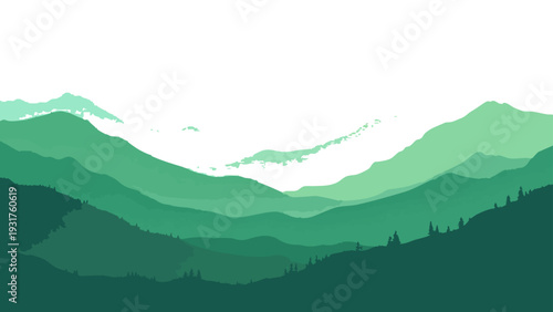 Vector Serene Mountain Landscape, with layers of lush green tones, evoking tranquility and boundless natural beauty.