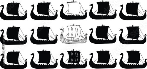 Viking longship silhouette set, dragon head sailboat icons, Norse drakkar vessels collection, black solid nautical symbols, ancient Scandinavian ship designs,