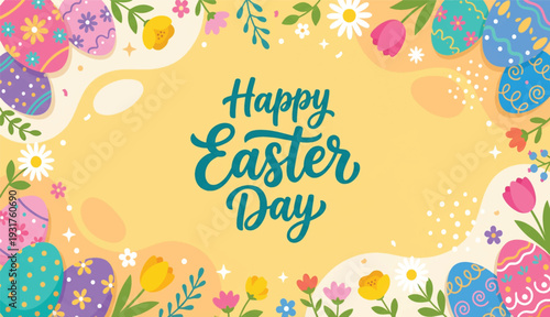 Happy Easter Day Poster with Vintage Floral and Easter Egg Frame on Light Yellow Background