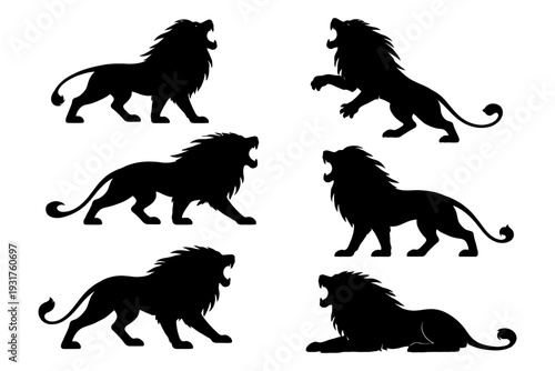 Set of lion silhouettes in various poses showcasing roaring and stance.