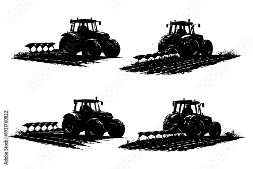 Silhouette tractor plowing fields in four perspectives.
