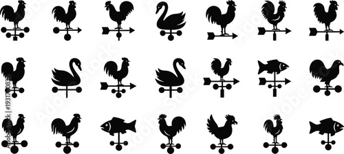 Weather vane silhouette icons, rooster swan fish shapes, wind direction arrows, traditional weathervane symbols set, black solid design, vector illustration