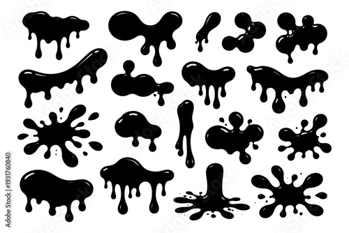 Black ink splatter set with dripping blot designs and dynamic shapes.
