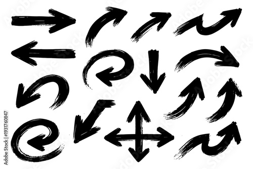 Abstract black brushstroke arrows collection in various directions.