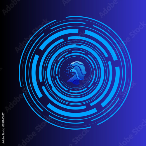 Cybersecurity background featuring a glowing digital lock icon with HUD circle and electronic elements around. Futuristic UI design for data encryption and information security. Vector illustration.
