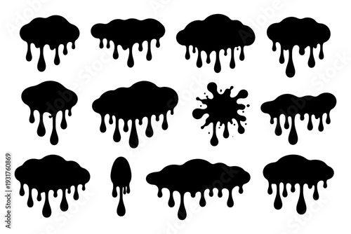 Set of dripping black ink blots and splashes on white background.