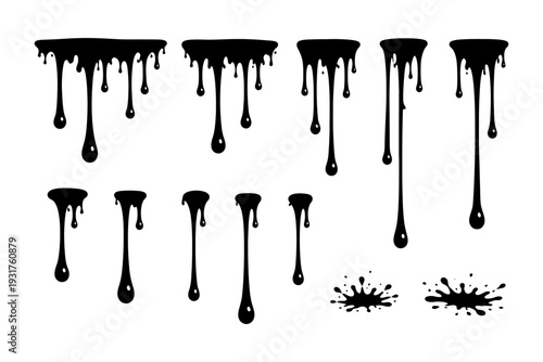 Black dripping ink and splatter collection on white background.