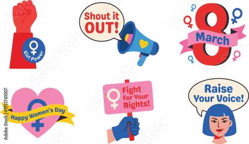 International Women's Day illustration set with feminist slogans and empowerment symbols