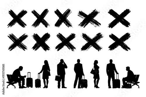 Silhouettes of travelers waiting at airport with luggage.