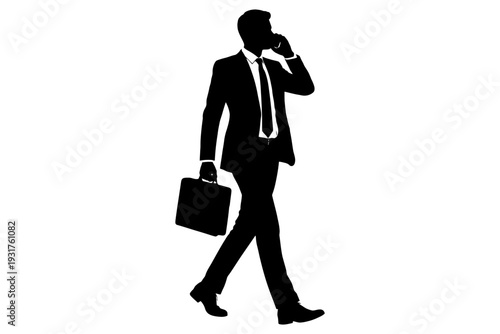 Silhouette of a caucasian male adult businessman walking with briefcase and phone.