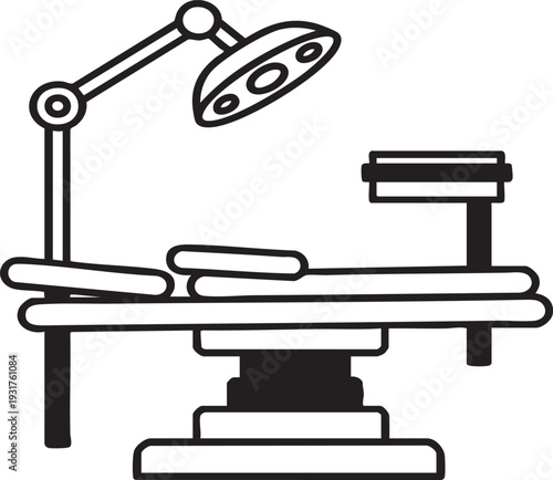 Operating Room Essential: An illustration captures the sterile, focused environment of an operating room, showcasing a meticulously designed surgical table and overhead lamp.Vector illustration of an 