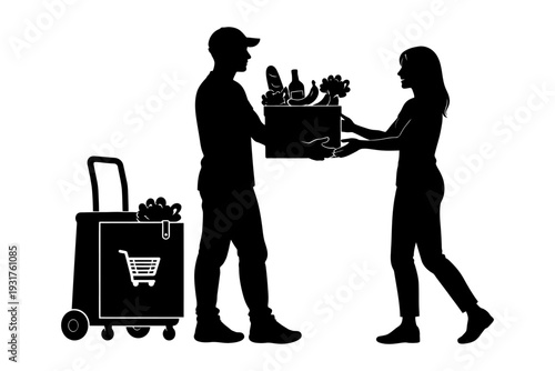Silhouette of couple sharing groceries with shopping cart.