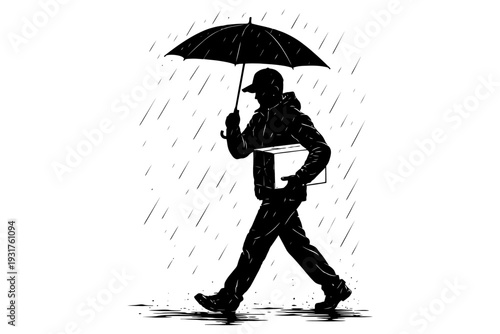 Silhouette of male courier walking in heavy rain with umbrella and package.