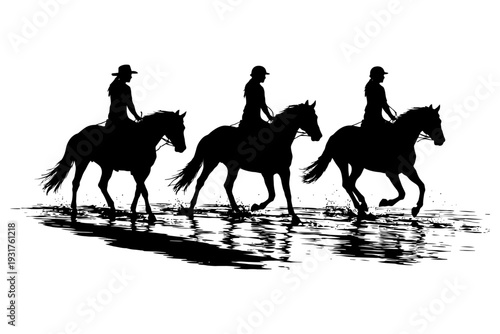 Silhouettes of female equestrians riding horses through water at sunset.