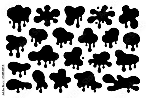 Black ink splatter shapes collection on white background.