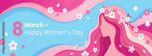 Happy Women's Day banner with profile of a beautiful woman and flowing pink floral hair
