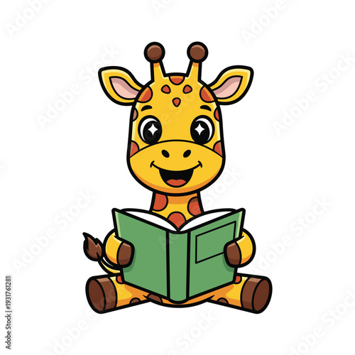 Happy Giraffe Reading a Book.