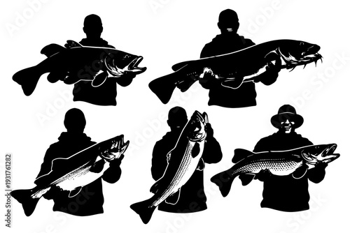 Silhouetted fishers holding big catch: diverse fish species and angler gear.