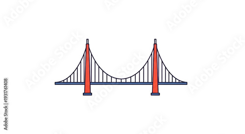 Stylized Bridge Illustration with Red Towers and Blue Cables on Black Background