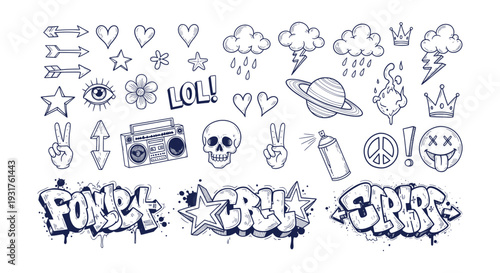 Dynamic Hand-Drawn Doodle Street Art Graffiti Elements Collection Urban Retro Icons Typography Set