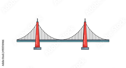 Stylized Cartoon Suspension Bridge With Red Towers And Cables Isolated Against Black Background